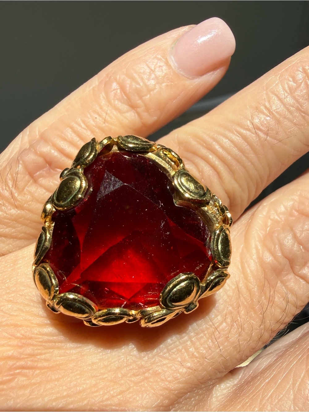 Gold-Tone Red Statement Ring with Faceted Heart Stone